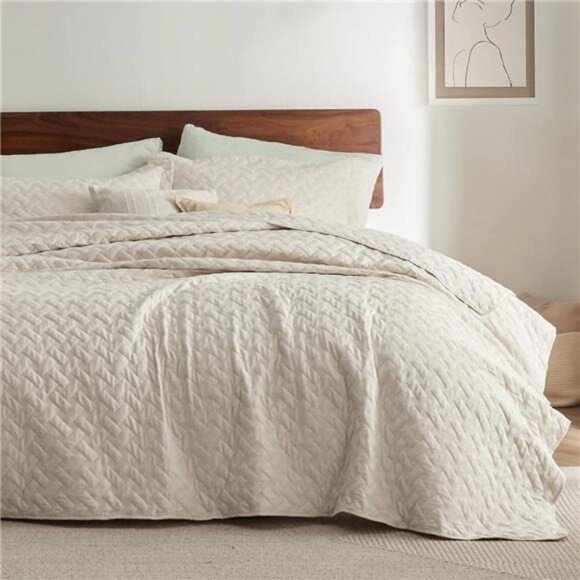 NEW Anthro Beige Boho Chevron Quilted Bedding Quilt & Sham Set - King / Queen